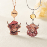 Personalised Glitter Highland Cow Design Birthstone Birth Flower Pendant Necklace with Text Birthday Anniversary Gift for Highland Cow Lovers