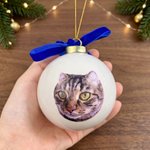 Personalised Hand Painted Style Cat Dog Portrait Ribbon Bow Ceramic Bauble Ornament with Name Festive Tree Decor Christmas Gift for Pet Lovers