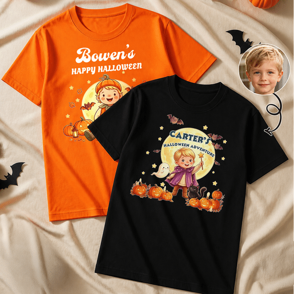 Personalized Halloween Cartoon Kid Character Photo 100% Cotton T-shirt with Name Daily Wear Halloween Party Holiday Gift for Boys Girls