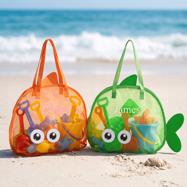 Personalized Adorable Whale Shape Mesh Beach Bag with Embroidered Name Travel Essential Summer Vacation Gift for Kids Toddlers