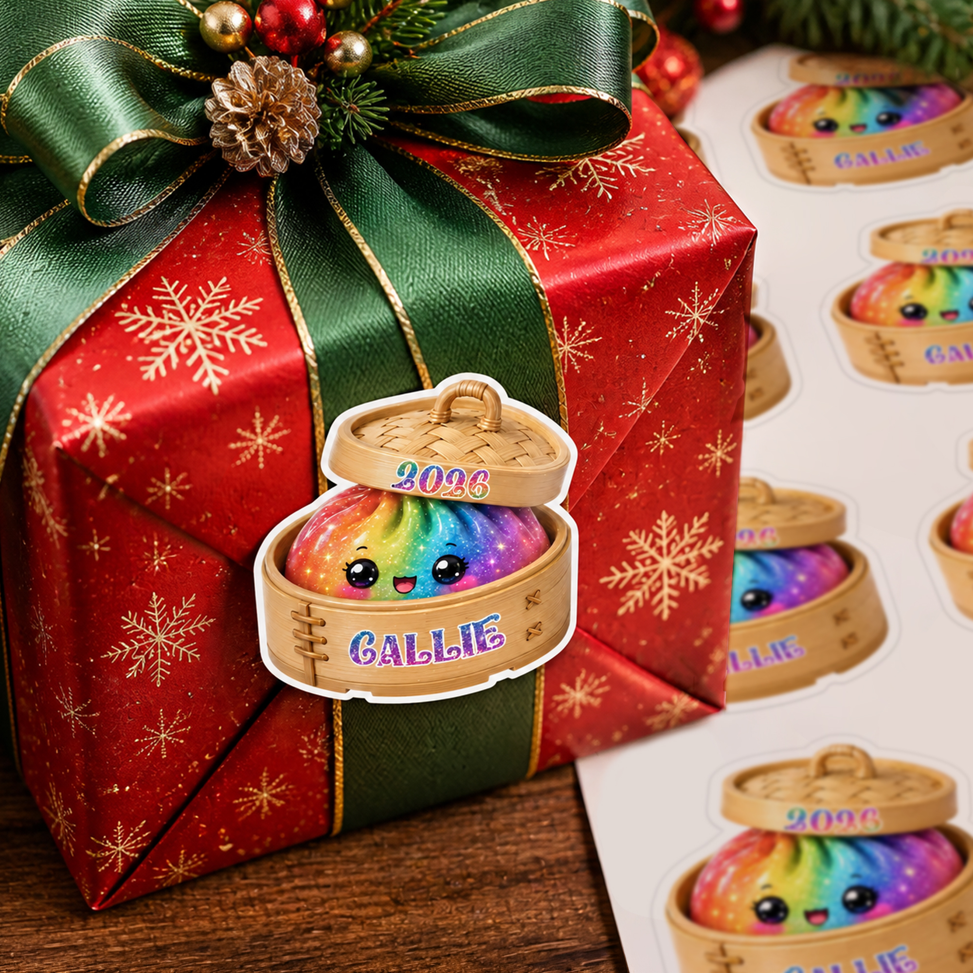 Individuell gestaltete, mehrfarbige, glitzernde, wasserfeste Aufkleber in Knödelform mit Namen und Jahreszahl – Geschenkdekoration, Weihnachtsfeier, Mitbringsel für Familie, Freunde und Kinder