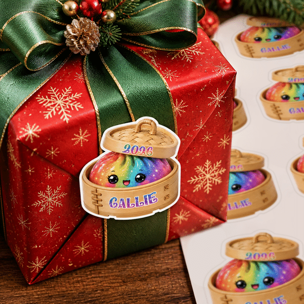 Étiquettes autocollantes personnalisées imperméables « dumplings » multicolores à paillettes, avec nom et année : décoration de cadeau, fête de Noël, petit cadeau pour les fêtes, pour la famille, les 