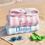 Personalized Embroidered Name Stripe Quick-Dry Absorbent Hooded Beach Towel Pool Party Travel Birthday Gift for Kids Boys Girls
