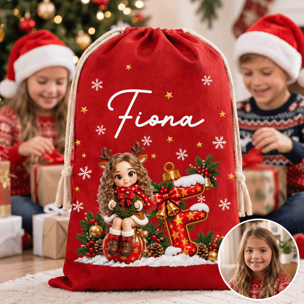 Personalized 3D-Effect Artwork Christmas Character Photo Drawstring Christmas Gift Bag with Name and Initial Christmas Party Gift for Kids