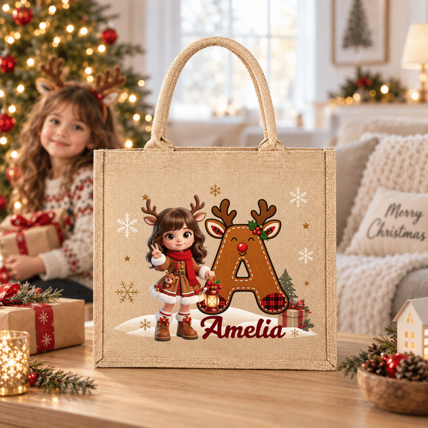 Personalized 3D-Effect Art Cartoon Character Photo Snowflake Tote Bag with Name and Initial Christmas Eve Party Gift for Girls Boys