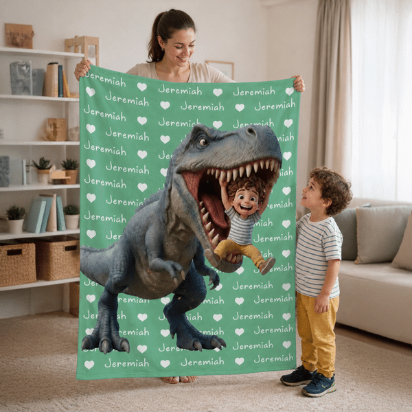 Personalized 3D-Effect Artwork Cartoon Dinosaur Kid Character Photo Soft Throw Blanket with Name Home Decor Back to School Birthday Gift for Kid