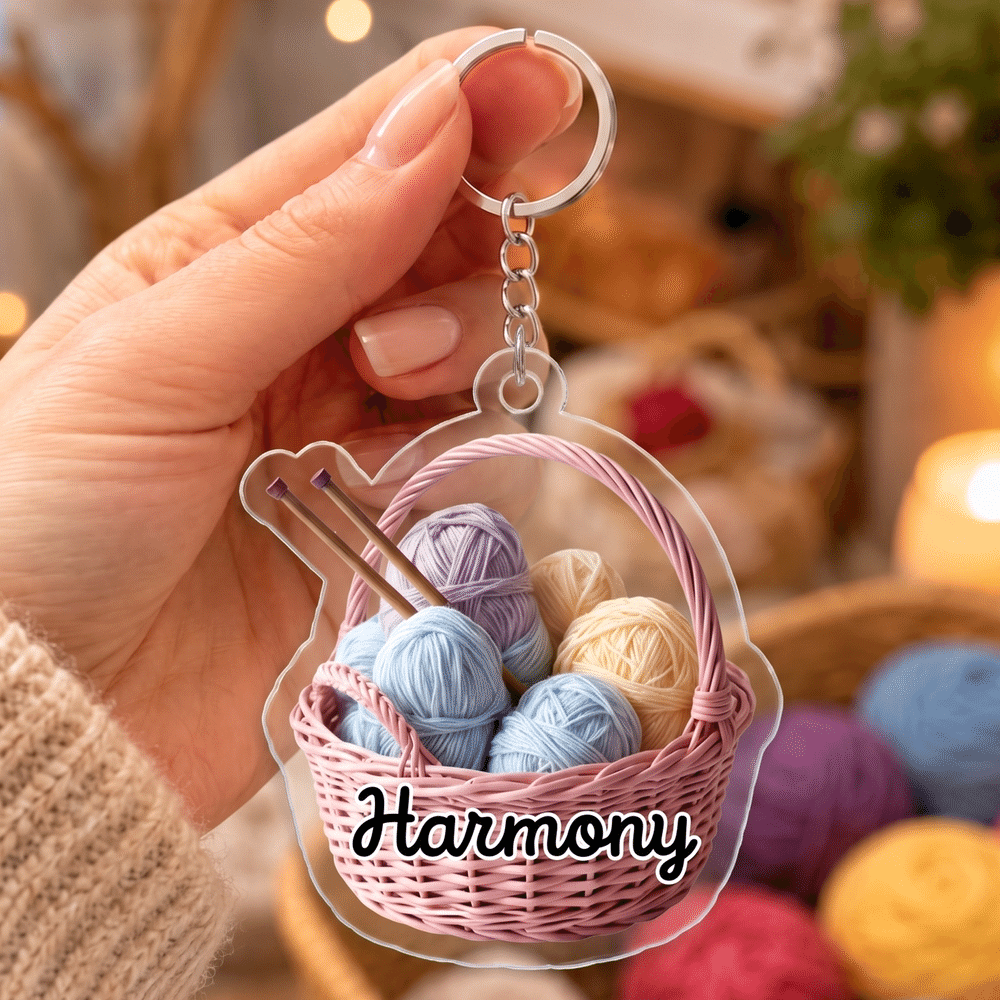 Personalised Cute Knitting Theme Pattern Design Acrylic Keyring with Name Birthday Gift for Knitting Lovers 4