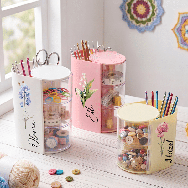 Personalized Watercolor Birth Flower Clear Rotating Multi-Layer Crochet Hook Storage Box with Name Birthday Holiday Gift for Crochet Lovers