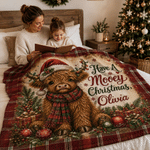 Personalisierte weiche Weihnachtsdecke mit Highland-Kuh-Motiv und Namen – Wohnaccessoire, Geschenk zum Geburtstag, zum Jubiläum oder zu Weihnachten für Familie und Freunde