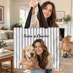 Personalized Semi-Realistic Photo Striped Tote Bag with Zipper and Text Casual Travel Birthday Gift for Family Friends