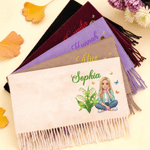 Gepersonaliseerde, veelkleurige sjaal/omslagdoek met cartoonfiguurtje, foto, geboortebloem en kwastjes, met naam – winteraccessoire, kerstcadeau voor vrouwen