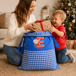 Personalized 3D-Effect Artwork Kid Character Photo Plaid Christmas Gift Bag with Name and Initial Christmas Gift for Kids Family