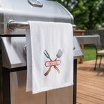 Personalised Embroidered BBQ Theme Fork Shovel 100% Cotton Towel with Name Birthday Housewarming Gift for Grill Masters Cooking Lovers
