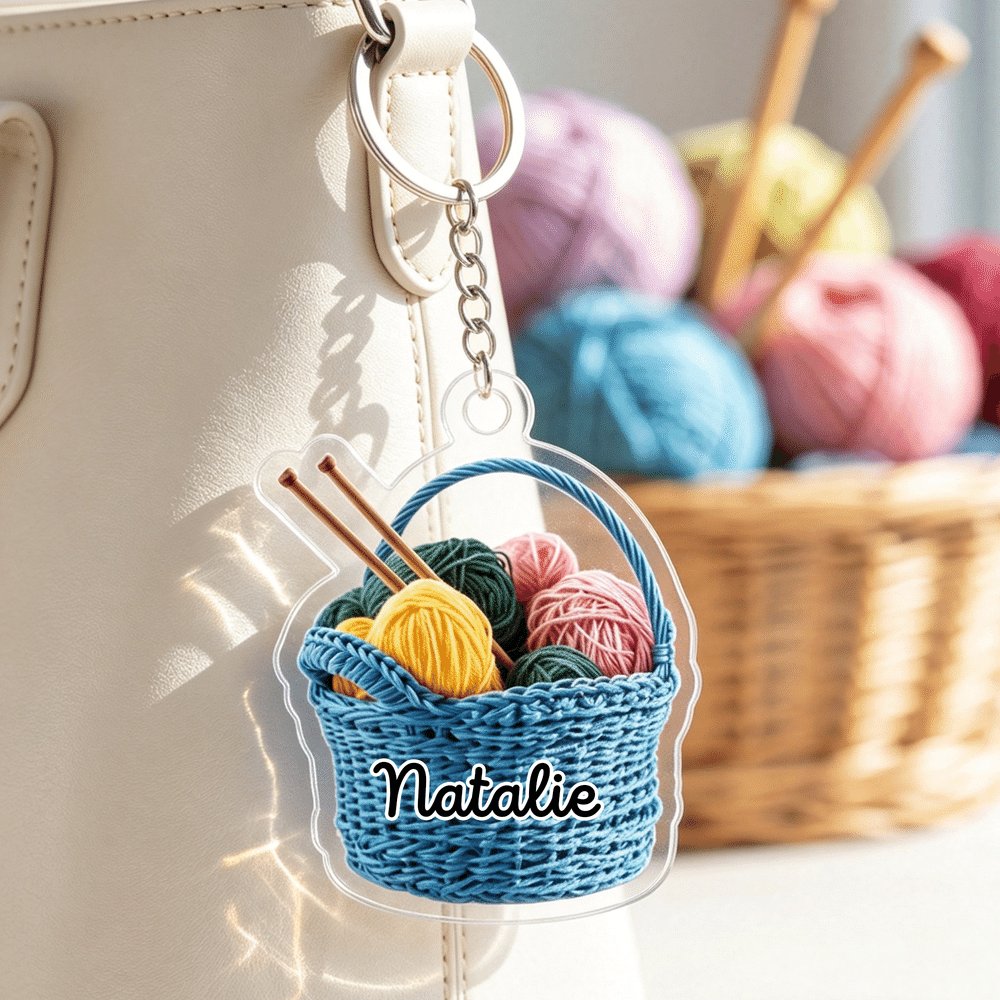 Personalised Cute Knitting Theme Pattern Design Acrylic Keyring with Name Birthday Gift for Knitting Lovers 3