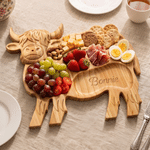 Personalized Highland Cow FDA Food Safe Wooden Serving Platter Charcuterie Board with Name Housewarming Birthday Gift for Highland Cow Lovers