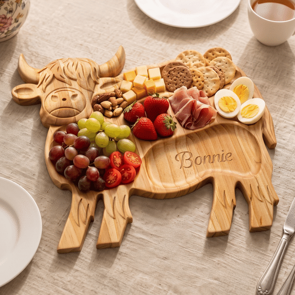 Personalized Highland Cow FDA Food Safe Wooden Serving Platter Charcuterie Board with Name Housewarming Birthday Gift for Highland Cow Lovers