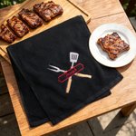 Personalised Embroidered BBQ Theme Fork Shovel 100% Cotton Towel with Name Birthday Housewarming Gift for Grill Masters Cooking Lovers