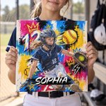 Personlige lerretstrykk i graffiti-stil med oljemaleri-inspirert motiv av softballspiller, med navn – interiørdekorasjon. Sendes fra USA. Bursdagsgave til softballspillere