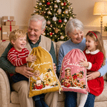 Personalized 3D-Effect Artwork Christmas Character Photo Drawstring Christmas Gift Bag with Name and Initial Christmas Party Gift for Kids