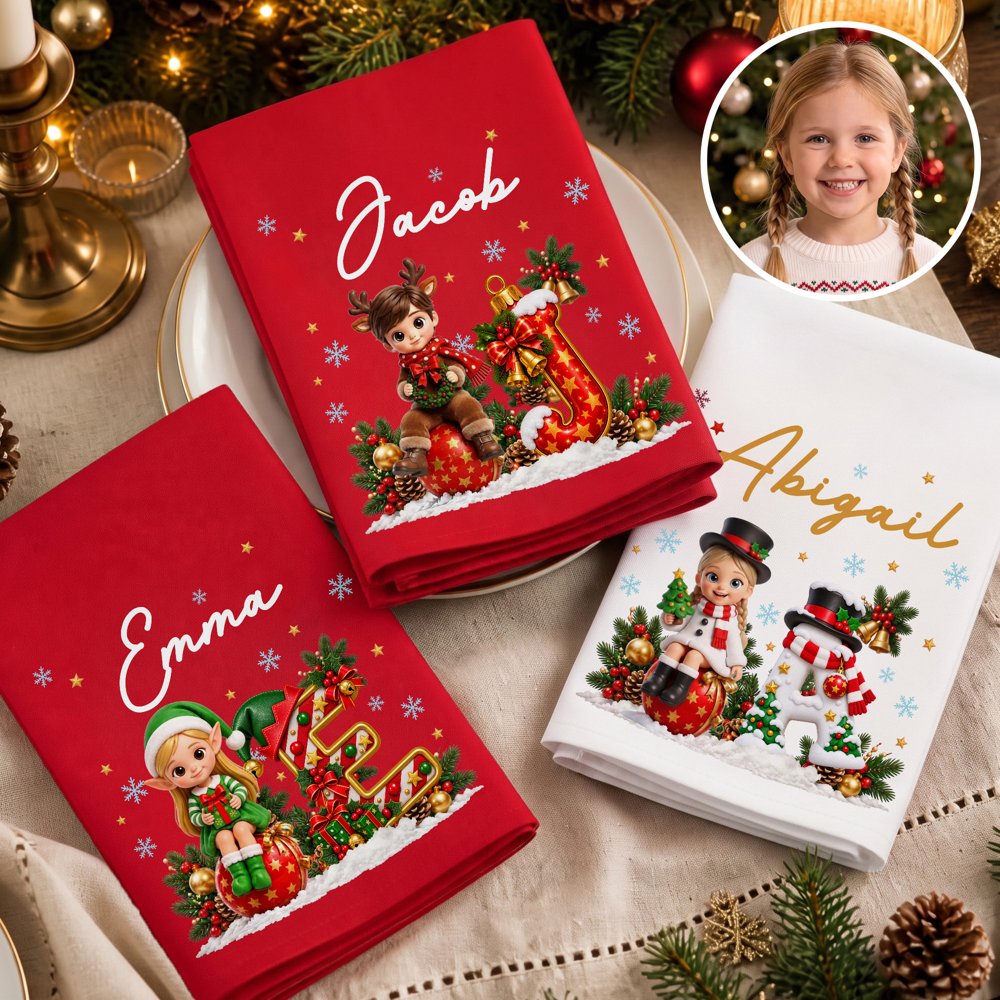 Personalized 3D-Style Character Artwork Photo 100% Cotton Reusable Table Napkin with Name Table Decor Christmas Gift for Family Kids