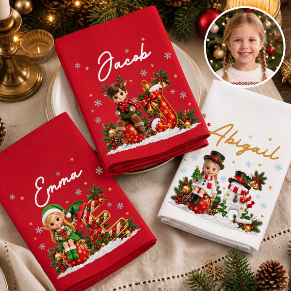 Personalized 3D-Style Character Artwork Photo 100% Cotton Reusable Table Napkin with Name Table Decor Christmas Gift for Family Kids