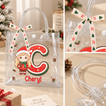 Personalized Christmas Theme Cartoon Character Photo Transparent Gift Bag with Name Initial and Bow Christmas Gift for Kids