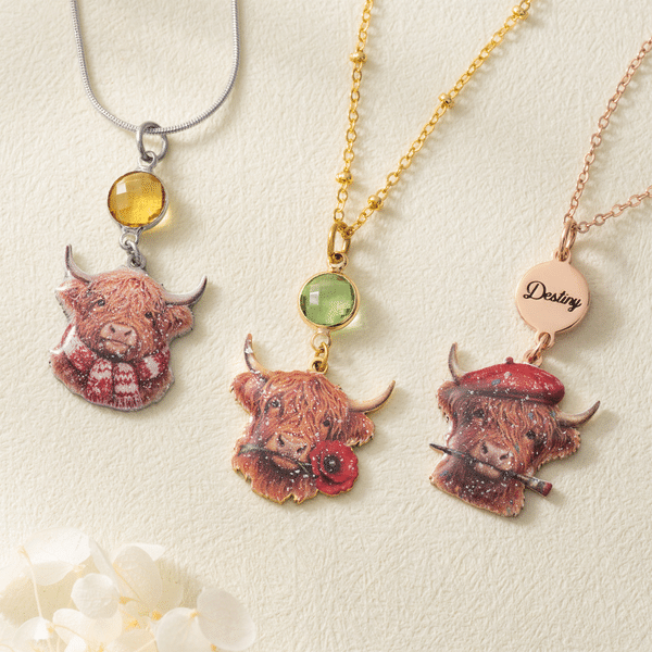 Personalised Glitter Highland Cow Design Birthstone Birth Flower Pendant Necklace with Text Birthday Anniversary Gift for Highland Cow Lovers