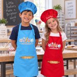 Personalized Cute Cartoon Kitchenware Patterns Adjustable Kid Apron Chef Hat Set with Name and Pocket Birthday Gift for Boy Girl