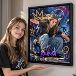 Personalized Skateboarding Graffiti Oil Painting Style Photo Canvas Prints with Name Home Decor Birthday Gift for Skateboarding Lovers