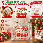 Personalized Christmas Theme Cartoon Character Photo Transparent Gift Bag with Name Initial and Bow Christmas Gift for Kids