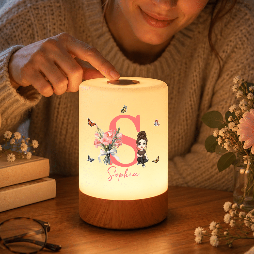 Veilleuse personnalisée avec fleur de naissance et personnage de dessin animé, à intensité variable et couleurs changeantes, avec prénom et initiale – Décoration de chambre, cadeau d'anniversaire pour 2