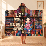 Personalised Cartoon Knitting Character Soft Hooded Blanket with Name Birthday Gift for Knitting Sewing Lovers