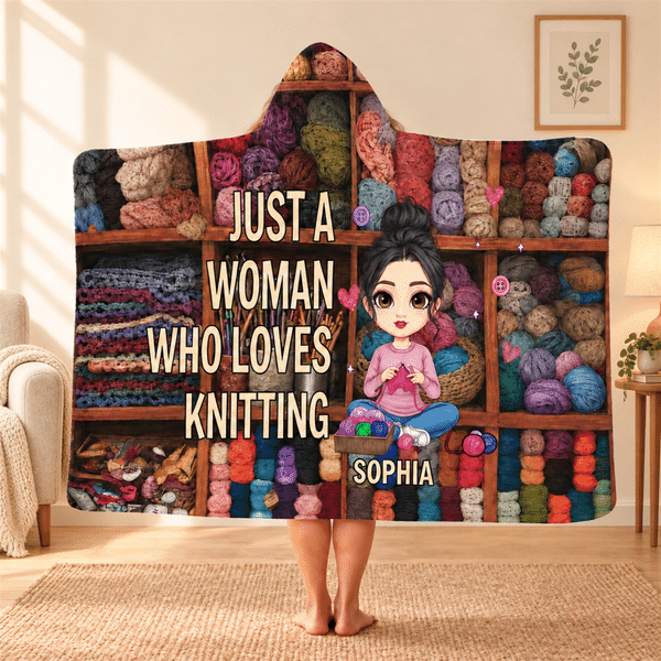 Personalised Cartoon Knitting Character Soft Hooded Blanket with Name Birthday Gift for Knitting Sewing Lovers
