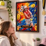 Personlige lerretstrykk i graffiti-stil med oljemaleri-inspirert motiv av softballspiller, med navn – interiørdekorasjon. Sendes fra USA. Bursdagsgave til softballspillere