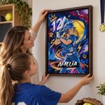 Personlige lerretstrykk i graffiti-stil med oljemaleri-inspirert motiv av softballspiller, med navn – interiørdekorasjon. Sendes fra USA. Bursdagsgave til softballspillere