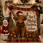 Personalisierte weiche Weihnachtsdecke mit Highland-Kuh-Motiv und Namen – Wohnaccessoire, Geschenk zum Geburtstag, zum Jubiläum oder zu Weihnachten für Familie und Freunde