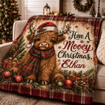 Personalisierte weiche Weihnachtsdecke mit Highland-Kuh-Motiv und Namen – Wohnaccessoire, Geschenk zum Geburtstag, zum Jubiläum oder zu Weihnachten für Familie und Freunde