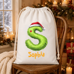 Personalised Plush Santa Hat Initial Drawstring Christmas Gift Bag Santa Sack with Name Tree Decor Christmas Eve Gift for Kids Family Friends
