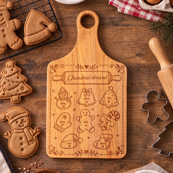 Personalised Grandma’s Board 1-8 Christmas Elements Cheese Charcuterie Chopping Board with Name Christmas Home Decoration Gift for Grandparent