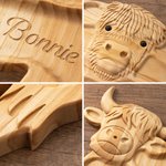 Personalized Highland Cow FDA Food Safe Wooden Serving Platter Charcuterie Board with Name Housewarming Birthday Gift for Highland Cow Lovers