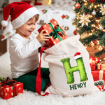 Personalised Plush Santa Hat Initial Drawstring Christmas Gift Bag Santa Sack with Name Tree Decor Christmas Eve Gift for Kids Family Friends