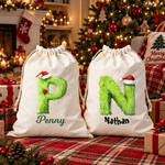 Personalised Plush Santa Hat Initial Drawstring Christmas Gift Bag Santa Sack with Name Tree Decor Christmas Eve Gift for Kids Family Friends