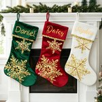 Personalised Gorgeous Golden Sequin Snowflake Velvet Christmas Stocking with Name Christmas Holiday Gift For Family Kids