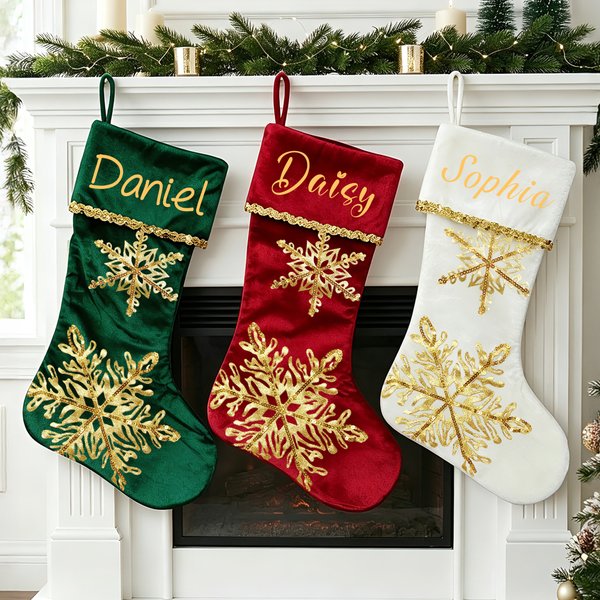 Personalised Gorgeous Golden Sequin Snowflake Velvet Christmas Stocking with Name Christmas Holiday Gift For Family Kids