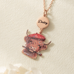 Personalised Glitter Highland Cow Design Birthstone Birth Flower Pendant Necklace with Text Birthday Anniversary Gift for Highland Cow Lovers