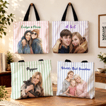 Personalized Semi-Realistic Photo Striped Tote Bag with Zipper and Text Casual Travel Birthday Gift for Family Friends