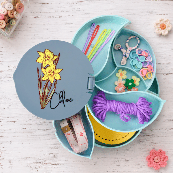 Personalised Multicolour Birth Flower Rotating Crochet Storage Box with Name Daily Use Birthday Gift for Crocheters Crafters