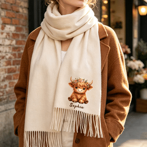 Personalised Soft Warm Highland Cow Tassel Scarf with Name Birthday Anniversary Gift for Family Best Friends
