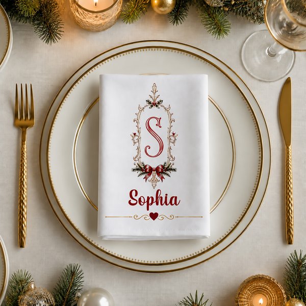 Personalisierte Weihnachtsserviette im Retro-Design | mit Namen & Initiale | 100% Baumwolle | Weihnachten Geschenk für Familie & Freunde