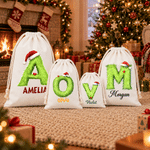 Personalised Plush Santa Hat Initial Drawstring Christmas Gift Bag Santa Sack with Name Tree Decor Christmas Eve Gift for Kids Family Friends